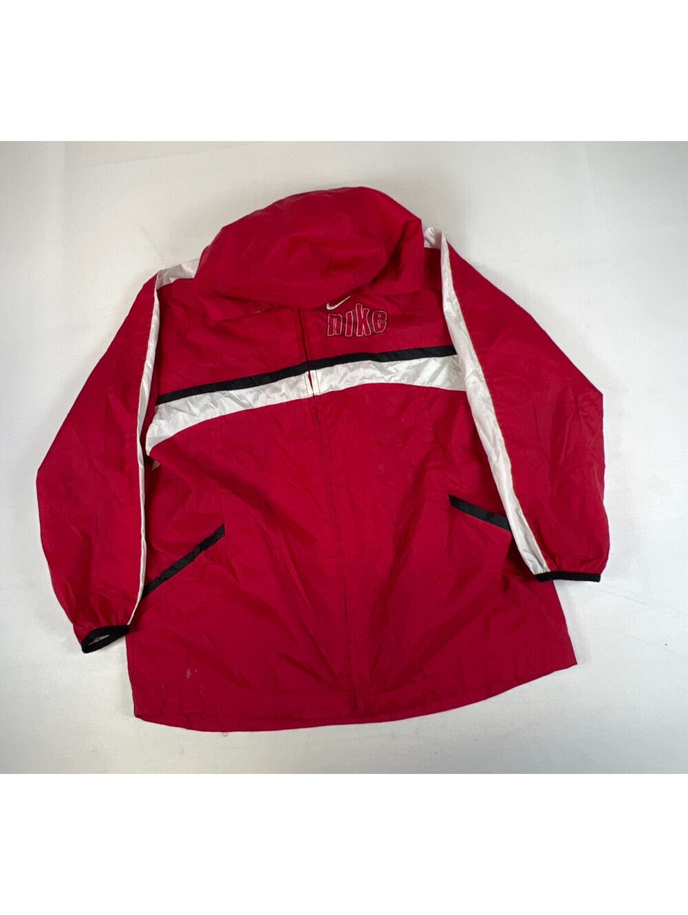 Vintage Nike Kids Youth M Red White Nylon Full Zip Hooded Windbreaker Jacket